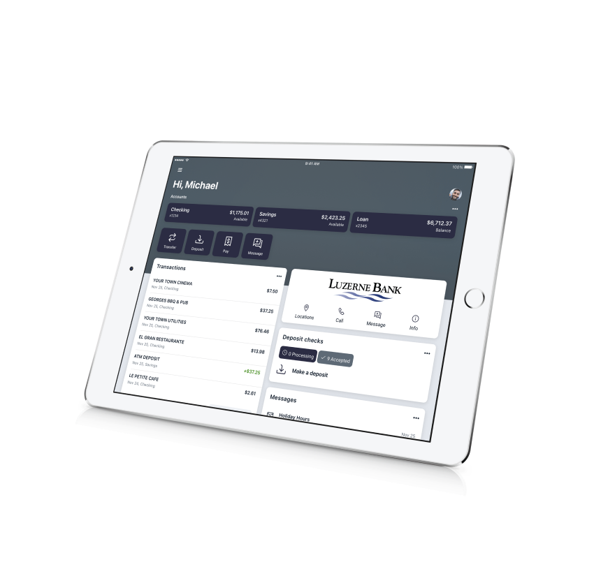 Luzerne Bank digital banking overview on a tablet.